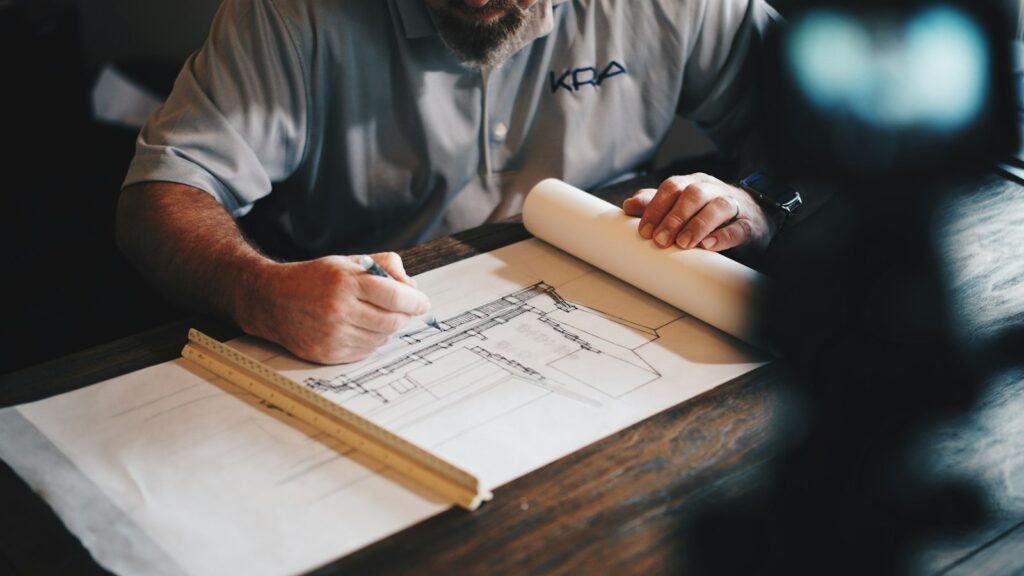 Technician reviewing building plans before renovation work